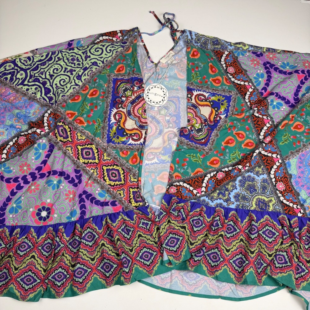 Umgee Plus Paisley Patchwork Open Front Cardigan Ruffle Hem Multi Color 1XL 2XL